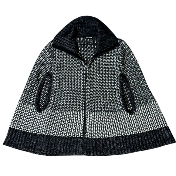 DKNY JEANS XL BLack White silver PONCHO Full Zip Front Chunky Knit Sparkle - Picture 1 of 14